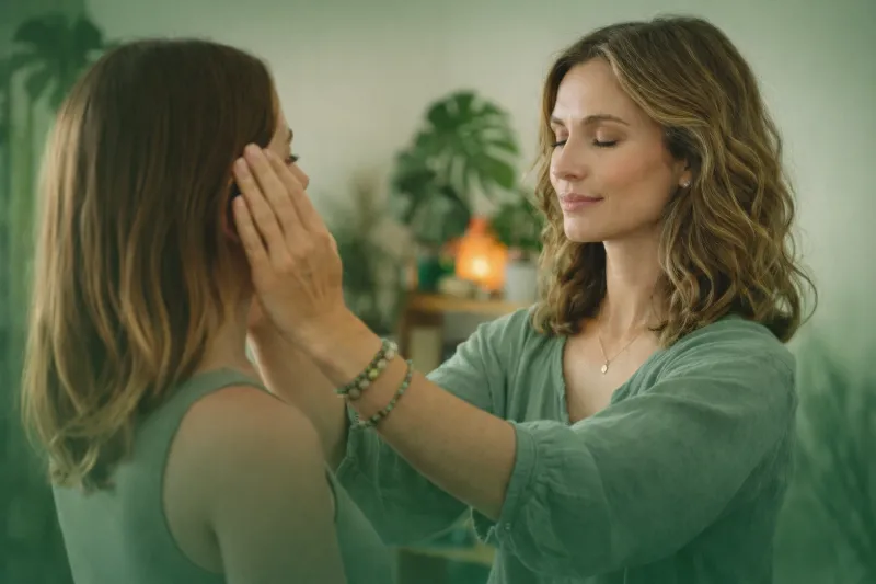 Sessão de Reiki — terapeuta com as mãos próximas do rosto da cliente em ambiente de luz suave e energia tranquila