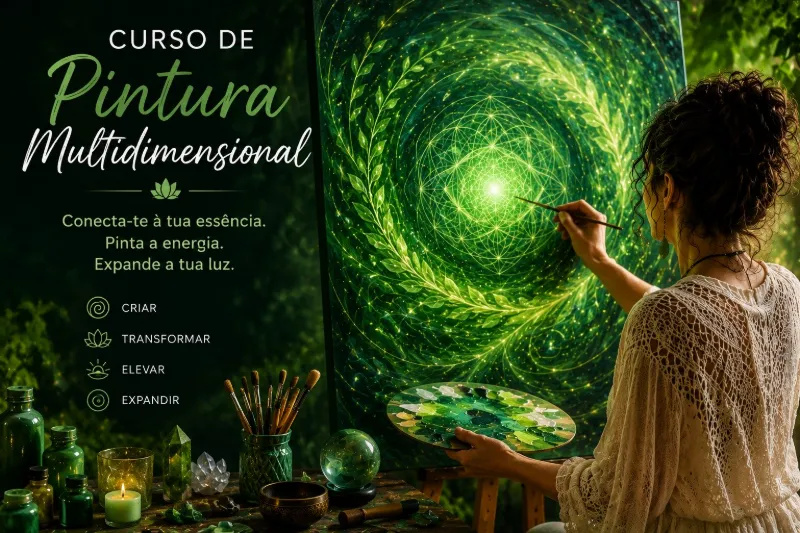 Banner do Curso de Pintura Multidimensional — mulher a pintar espiral de luz verde com geometria sagrada e a mensagem Conecta-te à tua essência