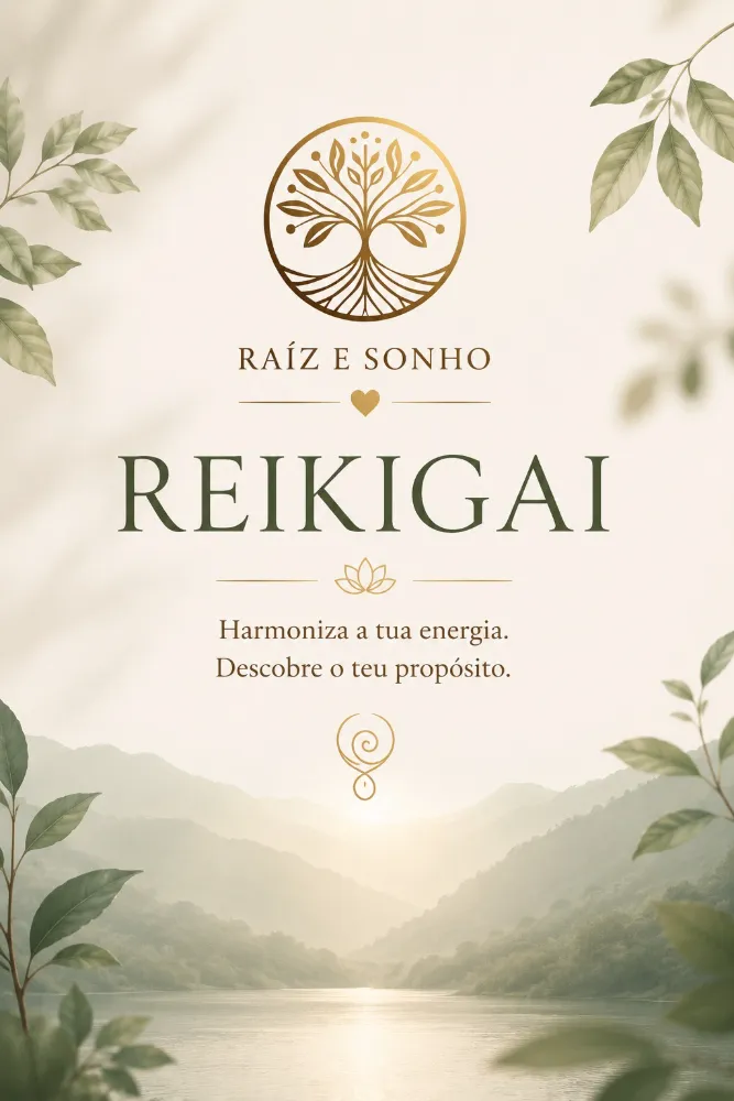 Ebook Reikigai da Raíz e Sonho em destaque, com título em letras grandes, logótipo de árvore da vida e folhagem decorativa em fundo claro